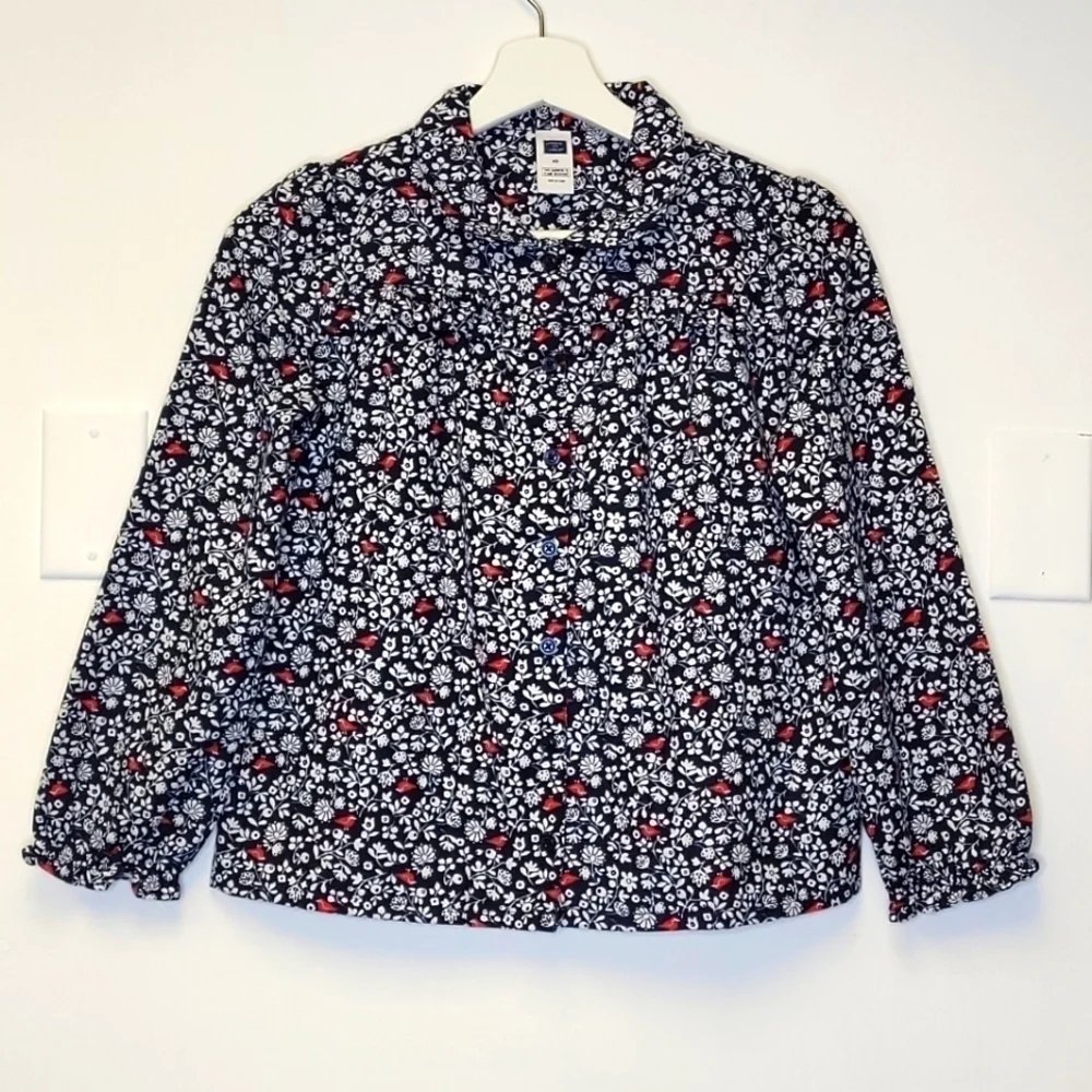 Janie and Jack Red Birds Floral Flannel Navy Blue Winter Pajama Shirt Size 10
